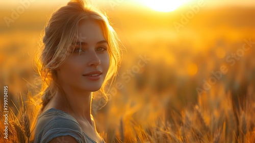 Soft Sunset Glow: Woman in Wheat Field at Golden Hour