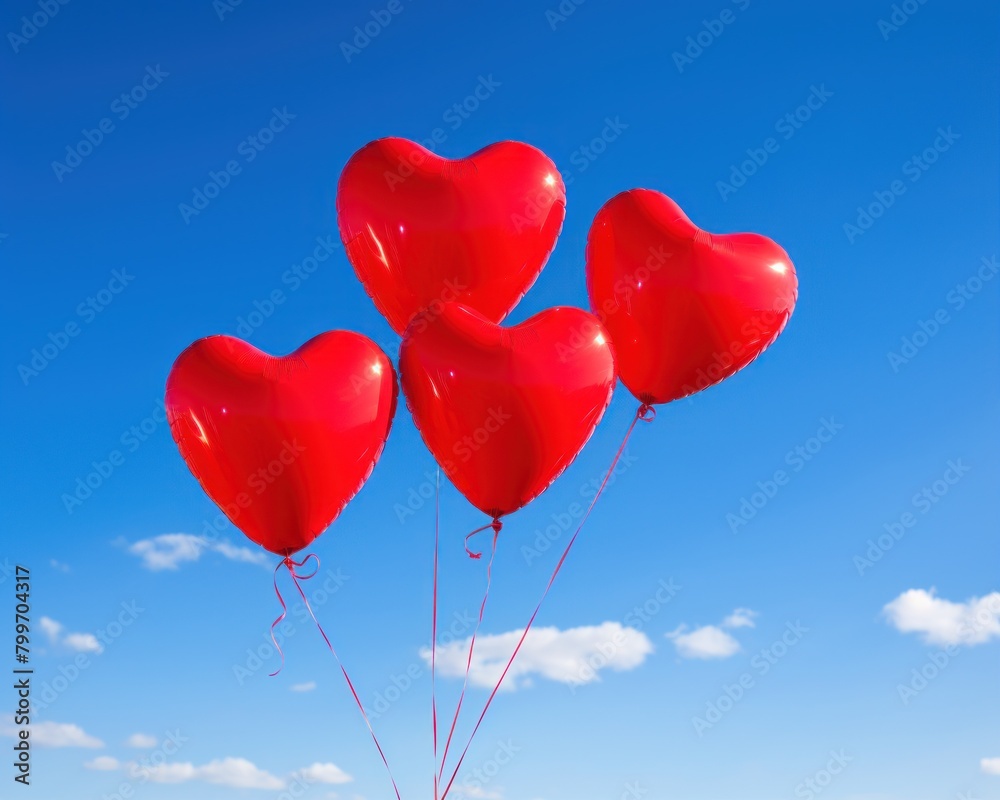 Vibrant red heart-shaped balloons in a blue sky