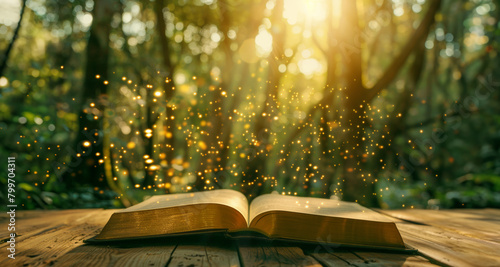 Open book with magic light bokeh on wooden table in the forest with golden sun rays and bokeh effect, natural ecological background for your product photo