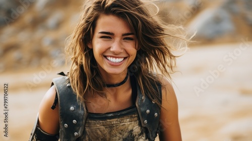 Joyful young woman with windblown hair photo