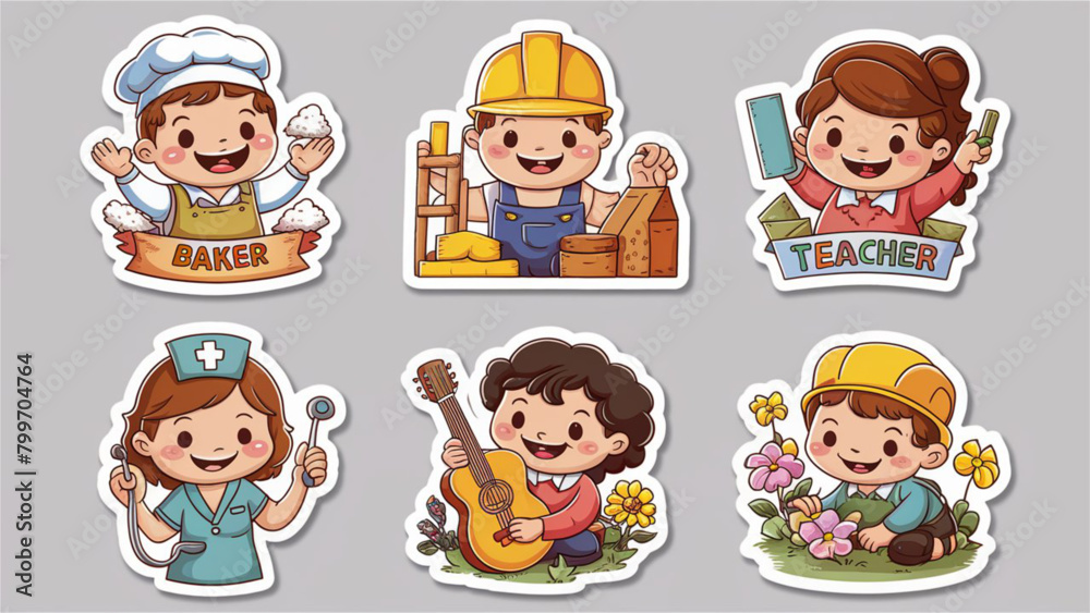 A collection of six adorable cartoon labor stickers
