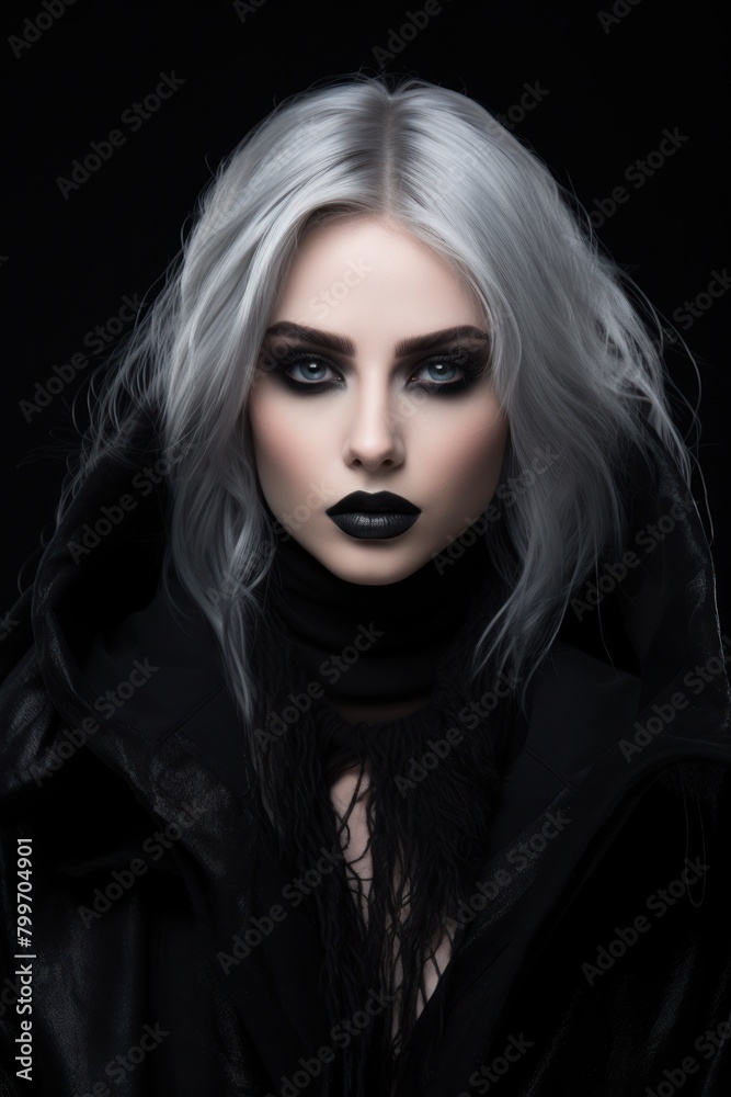 Dramatic portrait of a woman with striking silver hair and dark makeup