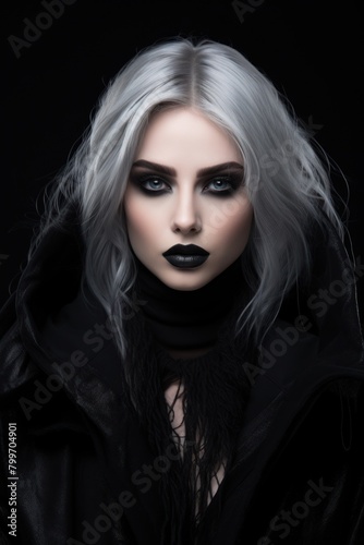 Dramatic portrait of a woman with striking silver hair and dark makeup