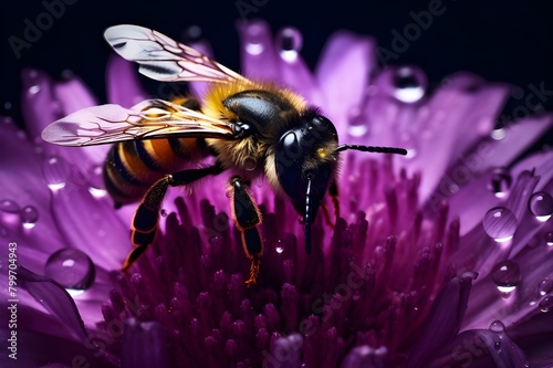 Hyperrealistic Nature Photography: Bee on Purple Flower with Rain Droplets, Surreal Wildlife Portrait