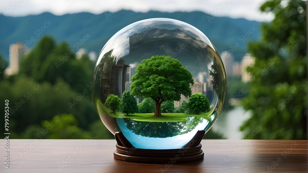 Glass sphere atop a verdant meadow. Glass Globe Amidst Lush Greenery.
Tree enclosed within a glass globe, symbolizing environmental harmony. Nature, green ecology, sustainable vegetation. Glass globe,
