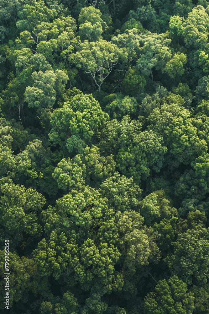 Aerial view of the intricate patterns of a dense forest canopy, with the interlocking branches and foliage forming a mesmerizing minimalist composition