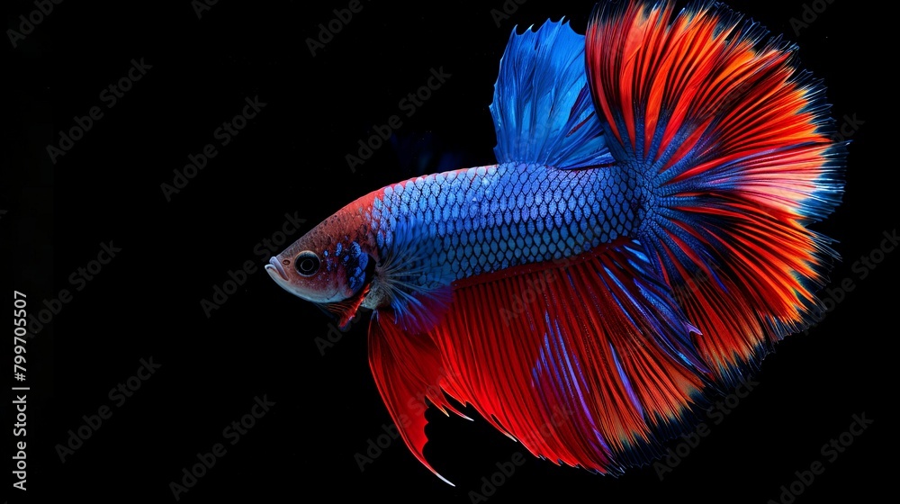 Fototapeta premium A Betta fish flaring its colorful tail fin in a defensive or aggressive display, with its vibrant colors and intricate patterns creating a stunning visual spectacle in the aquarium.