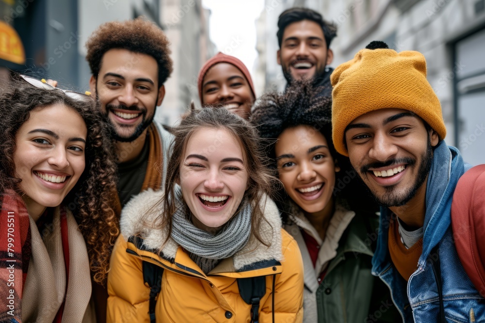 Group of young multiethnic friends smiling and looking at camera in the city