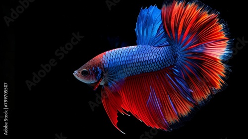 A Betta fish flaring its colorful tail fin in a defensive or aggressive display, with its vibrant colors and intricate patterns creating a stunning visual spectacle in the aquarium.