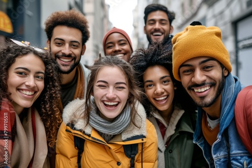 Group of young multiethnic friends smiling and looking at camera in the city