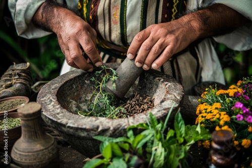 Herbalist blending medicinal herbs and spices in a mortar and pestle photo