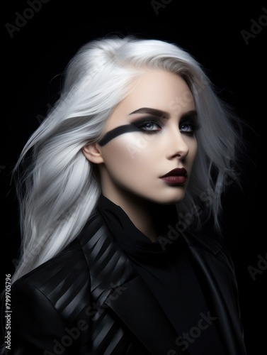 Dramatic portrait of a woman with striking white hair and dark makeup