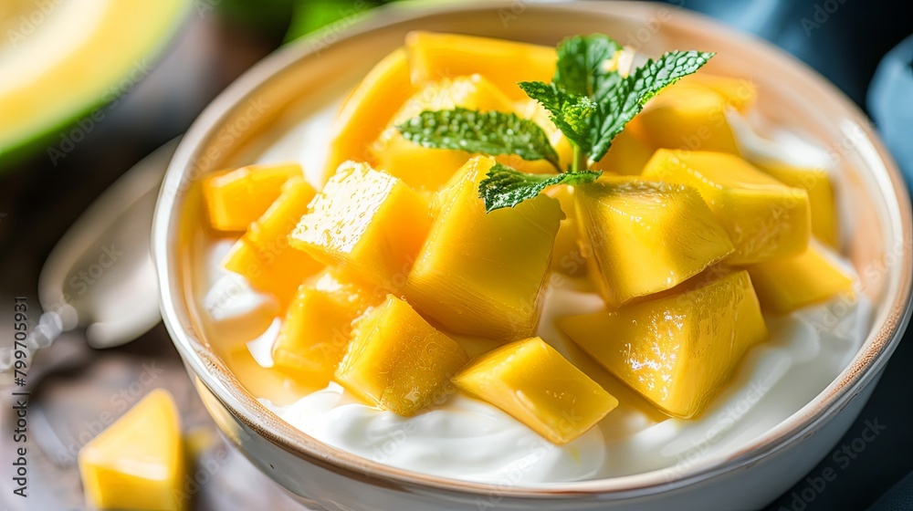 A bowl of diced mango slices served as a topping for yogurt parfait, adding natural sweetness and vibrant color to the creamy dessert. A bowl of diced mango slices served as a topping for yogurt parfait, adding natural sweetness and vibrant color to the creamy dessert.