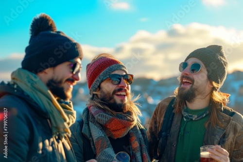 Group of friends having fun on a rooftop terrace at sunset.