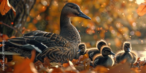 Mother duck and her ducklings are sitting on ground in fall