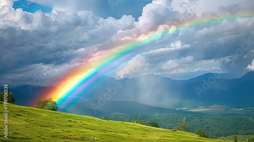 breathtaking view of a rainbow arching across the sky after a passing rainstorm, with vibrant colors blending seamlessly into the natural landscape, s