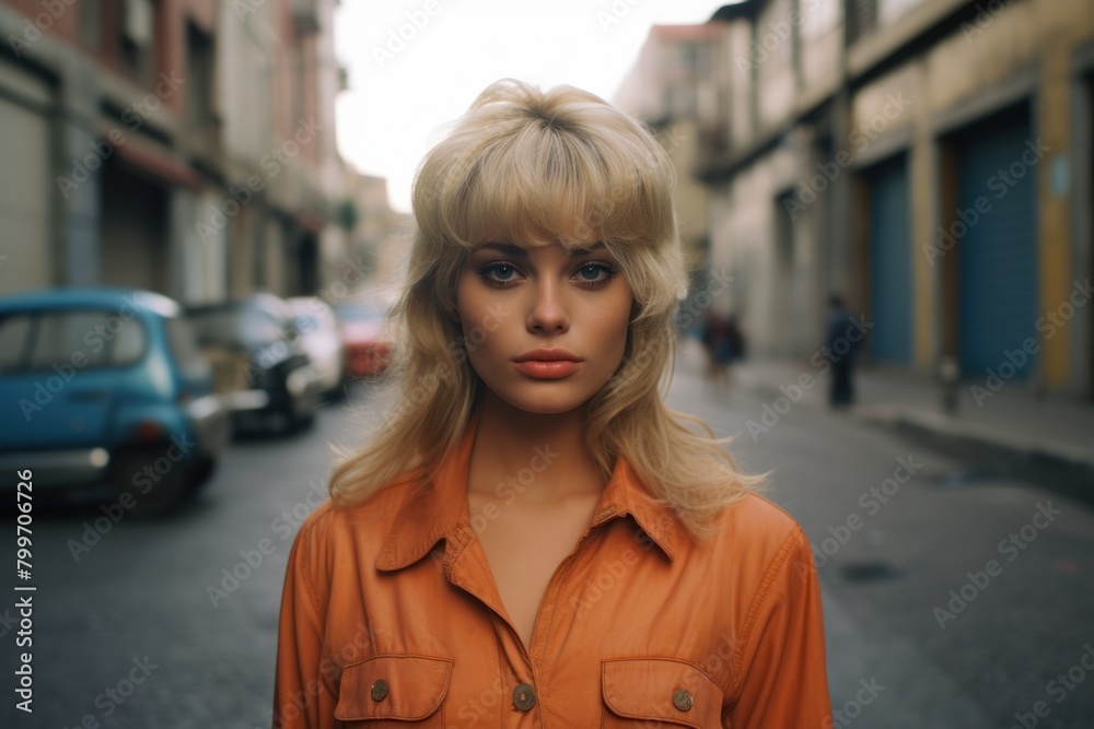 Fototapeta premium Confident woman in orange jacket on city street