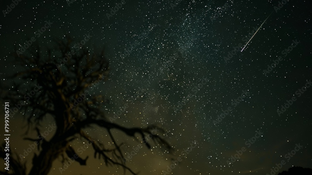 A dark night sky filled with twinkling stars, with a single tree silhouette visible in the foreground, contrasting against the celestial backdrop. A dark night sky filled with twinkling stars, with a single tree silhouette visible in the foreground, contrasting against the celestial backdrop.