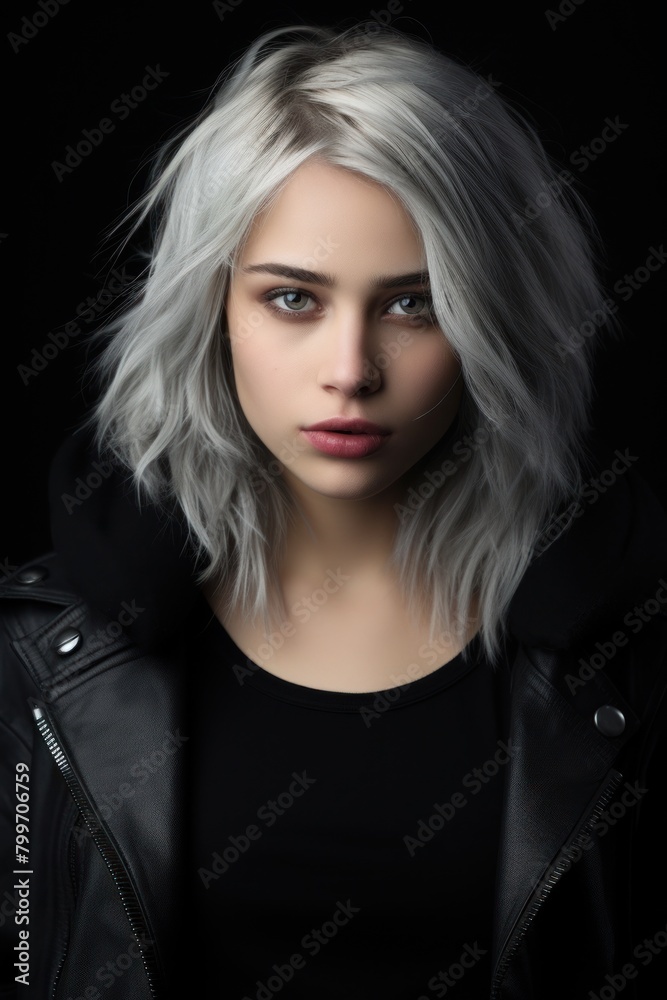 Striking portrait of a young woman with striking silver hair