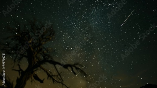 A dark night sky filled with twinkling stars, with a single tree silhouette visible in the foreground, contrasting against the celestial backdrop.