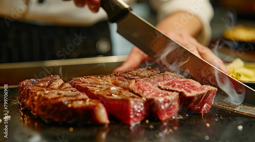A chef carving slices of grilled wagyu beef steak, revealing the perfectly cooked interior and succulent texture of the premium meat. photo
