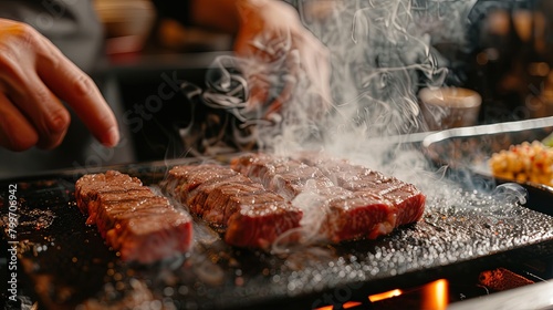 A chef carving slices of grilled wagyu beef steak, revealing the perfectly cooked interior and succulent texture of the premium meat.