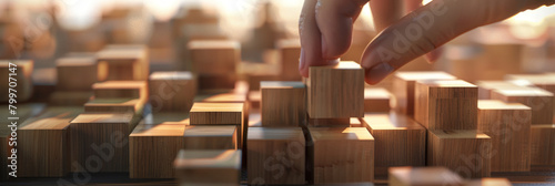A focused action of a fingertip deftly placing a wooden block, surrounded by a warm, soft light setting photo