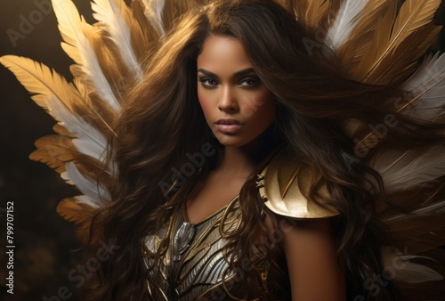 Powerful female warrior with golden feathered wings