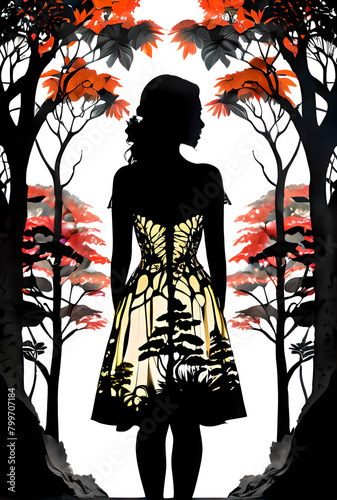silhouette of a woman in a dress standing in a forest, detailed silhouette, silhouette :7, woman in a dark forest, silhouette, woman silhouette, nature goddess, goddess of the forest, inspired by Aubr