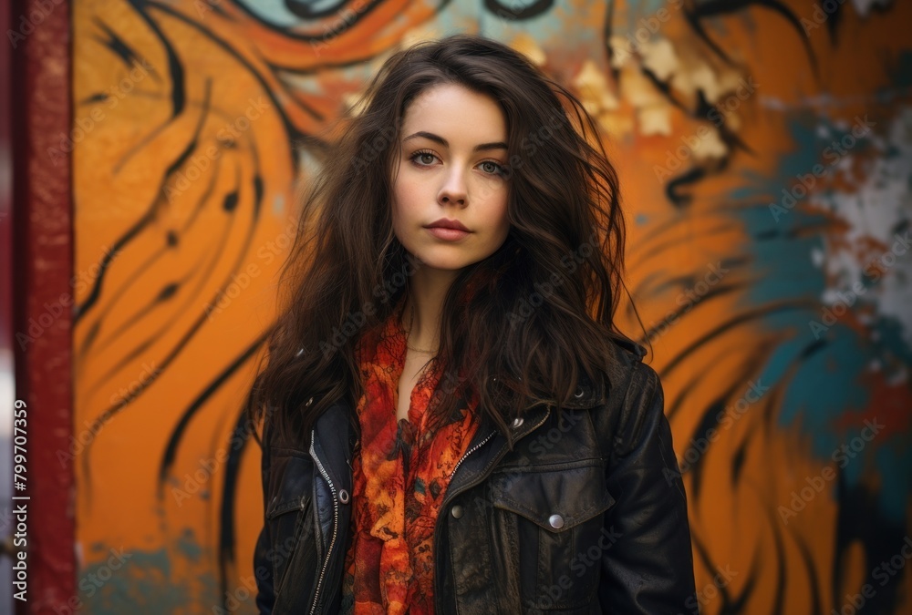 Stylish young woman in front of vibrant graffiti wall