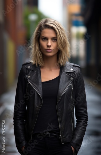 Confident woman in black leather jacket