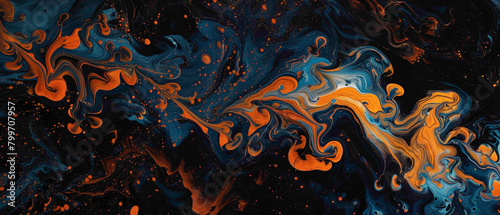 Swirls of tangerine and marigold intertwining with streaks of deep indigo, pnting a mesmerizing tapestry on a backdrop of pure darkness, igniting the imagination.