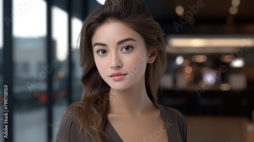 Elegant woman with long brown hair posing in front of window