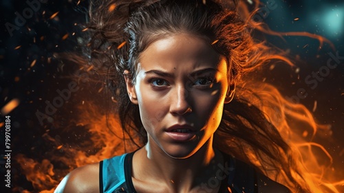 Intense female athlete with fiery hair and determined expression