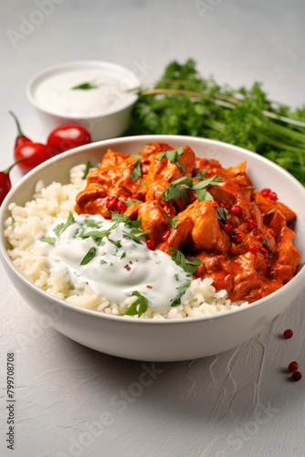 Spicy chicken curry with rice and yogurt