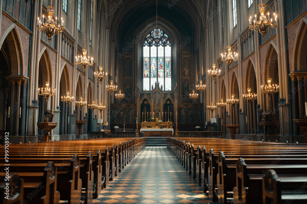 Fototapeta premium Inside of an old gothic church with pews and stained glass windows, and chandeliers hanging from its ceiling casting light on to a checkered floor,