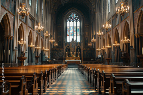 Inside of an old gothic church with pews and stained glass windows, and chandeliers hanging from its ceiling casting light on to a checkered floor, © Florian