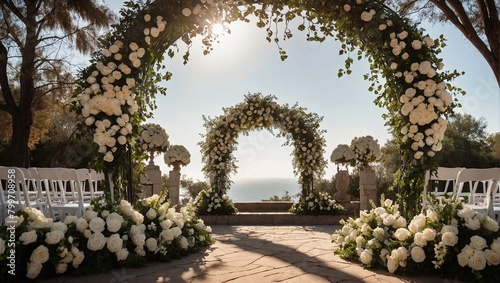 Wrought iron wedding arch with vines and white roses.