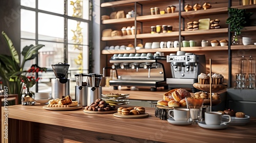 modern coffee shop counter adorned with assorted pastries and freshly brewed pots of gourmet coffee, enticing customers with tempting treats. photo