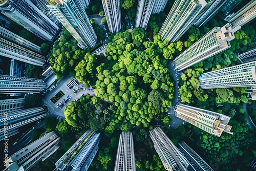Overhead view of a circular forest surrounded by high-rise, contrast between the natural, dense tree canopy and the organized urban setting creates a striking visual symphonys,