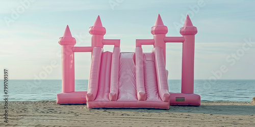 
A pink inflatable castle is on a beach next to the ocean. The castle is the main focus of the image, and it is a fun and playful structure