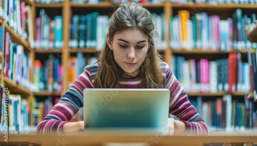 Young girl learning or research online in library