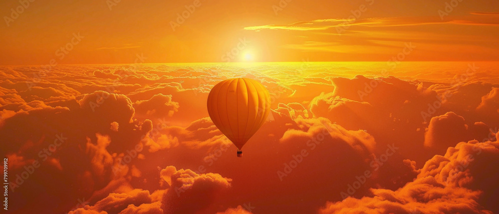 The serene beauty of a solitary yellow balloon drifting lazily amidst a sea of orange clouds, with the tranquil sky stretching endlessly into the distance.