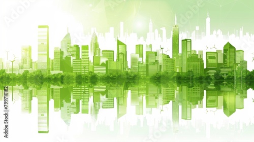 A city skyline with green buildings representing sustainable urban planning and design..