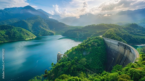 A panoramic shot of a majestic dam nestled amidst scenic mountains and lush greenery,