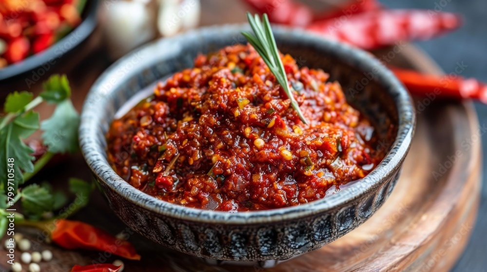 A bowl of homemade Thai chili paste, showcasing the rich color and intense flavor of this staple condiment.
