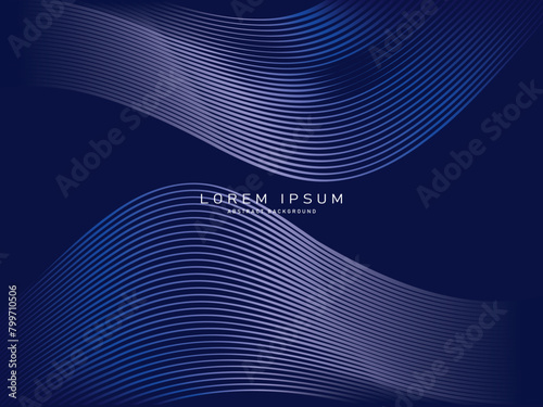 Dark blue abstract background with shining waves. Shiny moving lines design element. Modern blue purple gradient flowing wave lines. Futuristic technology concept. Vector illustration.