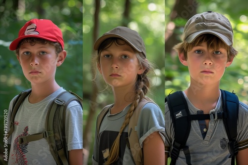 A collage of three children with a backpack in the forest.