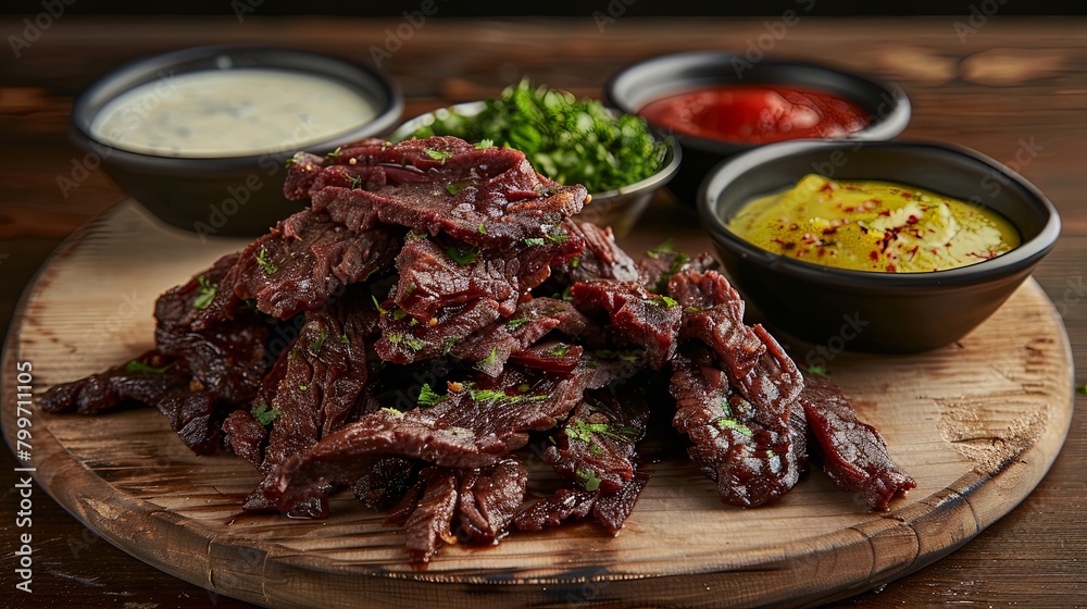 pile of crispy sun-dried beef strips served on a wooden board, accompanied by dipping sauces and garnishes, offering a satisfying blend of textures and tastes in every bite. pile of crispy sun-dried beef strips served on a wooden board, accompanied by dipping sauces and garnishes, offering a satisfying blend of textures and tastes in every bite.