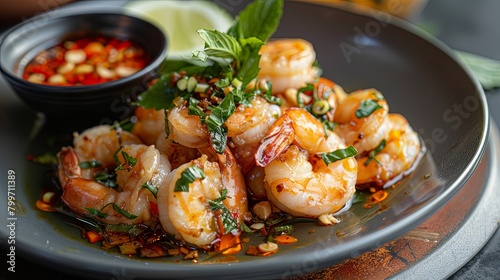 plate of fresh shrimp soaking in a traditional Thai fish sauce marinade, ready to be grilled to perfection, showcasing the vibrant colors and flavors of Southeast Asian cuisine.